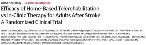 Screenshot of title ("Efficacy of Home-Based Telerehabilitation vs In-Clinic Therapy in Adults After Stroke") and list of authors for a science journal, including Dr. Steven Cramer