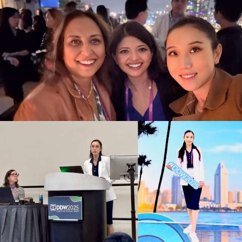 Collage of Xiaobei Zhang at Digestive Disease Week Conference, top is photo of Zhang and her mentor, bottom left is Zhang at the speaker's podium, and bottom right photo is Zhang posing holding a sign titled "#DDW2025"