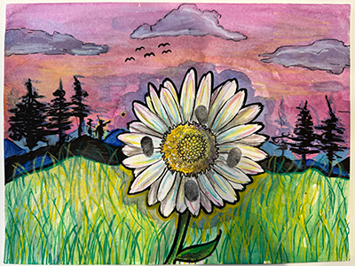 A painting of a Daisy flower in a green field, with pine trees and a red and purple sunset background by Lisa Sim