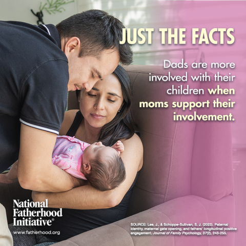 Father leans in to bond with newborn as mother holds baby, with overlay text promoting parental support from the National Fatherhood Initiative.