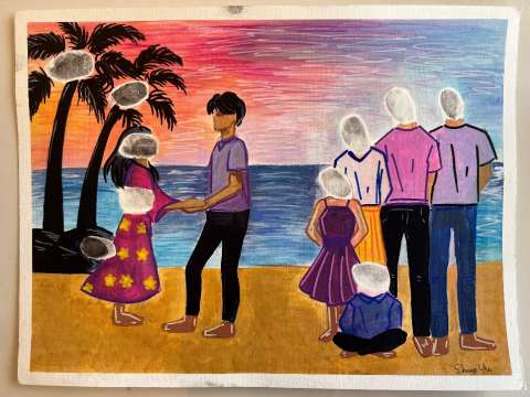 A colorful illustration of a sunset beach scene with six figures and palm trees.
