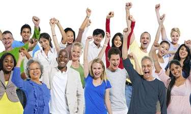 Group of people with arms raised