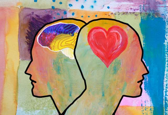 Abstract art showing two human profiles, one with a brain, one with a heart against a colorful textured background.