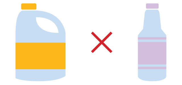 An illustration shows a yellow bleach bottle and a pink ammonia bottle, with a large red X between them, indicating not to mix the two substances.