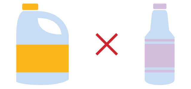An illustration shows a yellow bleach bottle and a pink ammonia bottle, with a large red X between them, indicating not to mix the two substances.