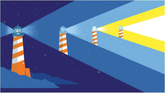 Three red-and-white striped lighthouses casting broad beams over a dark sea.