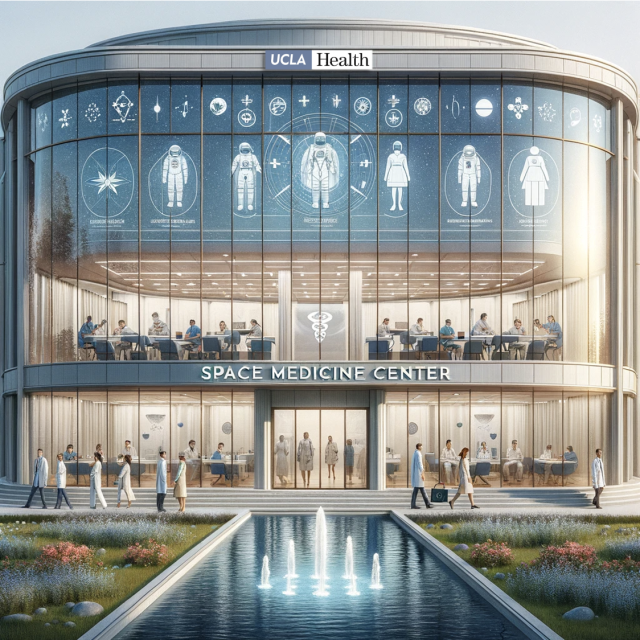 Rendering of the futuristic UCLA Health Space Medicine Center, with doctors, researchers, and space health icons on the glass facade.