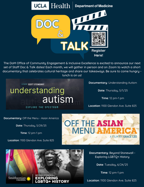 Flyer highlighting upcoming Doc & Talk Sessions on Thursday, 5/1/2025, Thursday, 5/29/2025, and Tuesday, June 24, 2025.