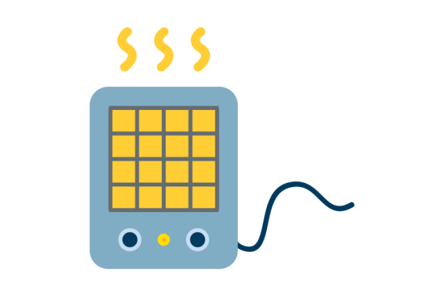 Types of burns - A gray and light blue heater with a glowing yellow grid. Three yellow wavy lines rise from the top, indicating heat.