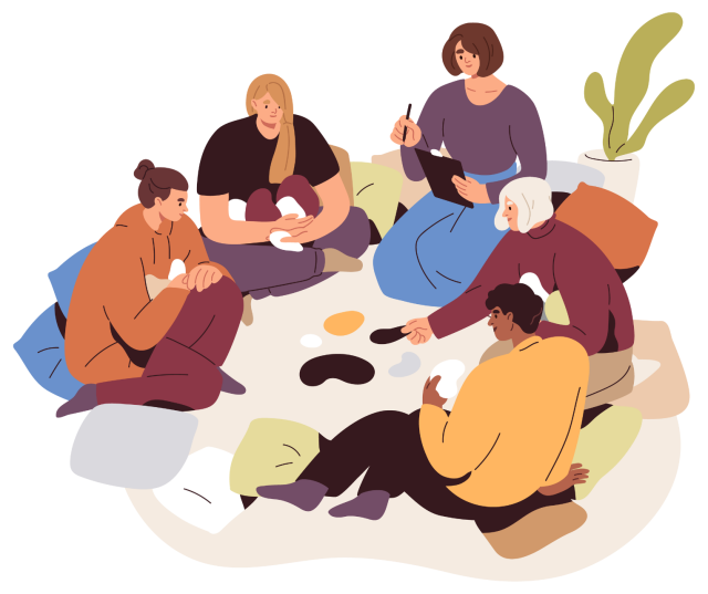 Illustration of a group therapy session with people sitting in a circle.