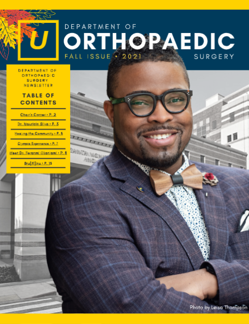 Cover of UCLA Orthopaedic Surgery Fall 2021 newsletter featuring a smiling man in a bow tie and glasses in front of a building.
