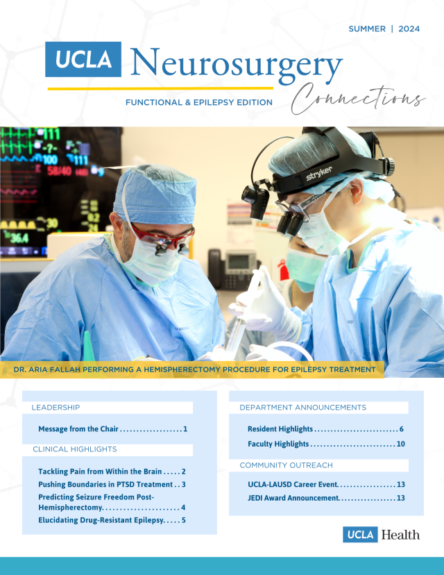 a graphic for the Summer 2024 neurosurgery connections news letter with text and a graphic of three medical professionals performing surgery