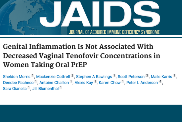 JAIDS journal article titled, "Genital Inflammation Is Not Associated With Decreased Vaginal Tenofovir Concentrations in Women Taking Oral PrEP."