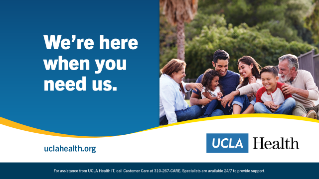  A multigenerational family, including a child, sits together outdoors. The image includes text: "We're here when you need us." and the UCLA Health logo.