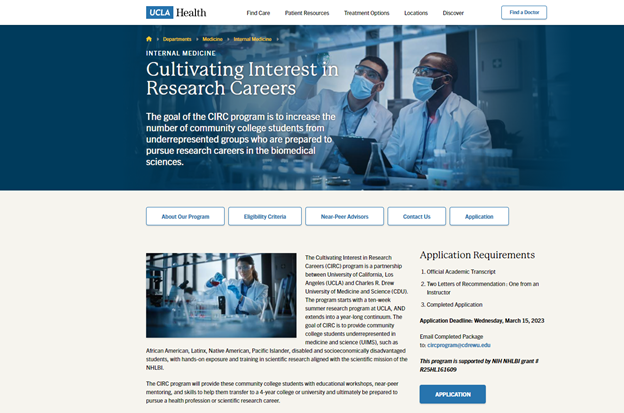 Screenshot of the Cultivating Interests in Research Careers (CIRC) Program website homepage.