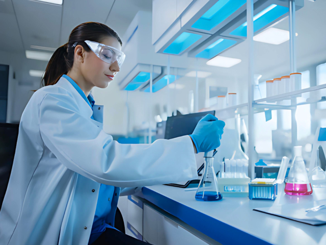 Woman wearing clear safety glasses, holding a dropper into a beaker conducts research in a lab.