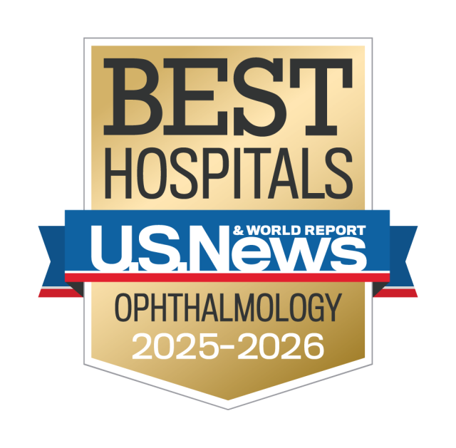 Gold badge with "Best Hospitals" at the top, a blue ribbon with "U.S. News & World Report," and "Ophthalmology 2025-2026" below.