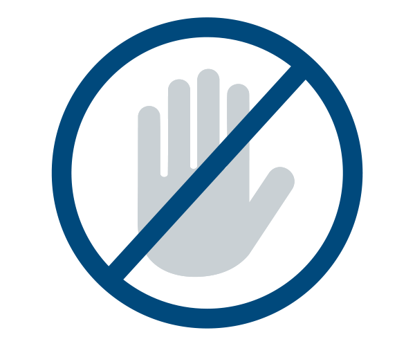 Burn Prevention - light gray, stylized open hand, facing forward, is centered within a dark blue circle with a diagonal line indicating prohibition.
