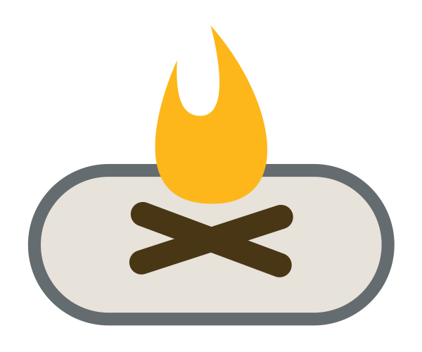 Burn Prevention - A minimalist icon of a campfire, with two dark brown logs crossed on a light gray oval base, topped by an orange flame.
