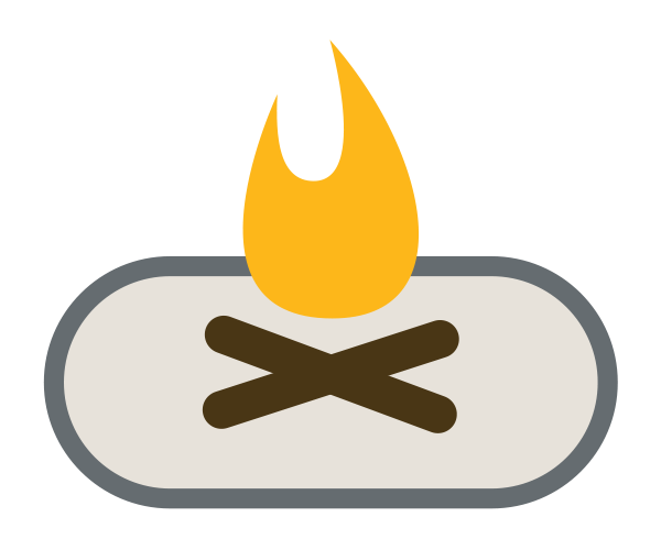 Burn Prevention - A minimalist icon of a campfire, with two dark brown logs crossed on a light gray oval base, topped by an orange flame.