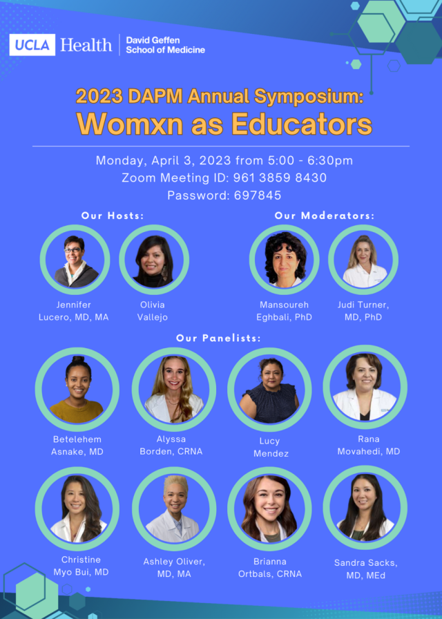 A poster promoting DAPM Annual Symposium 2023 Womxn's as Educators. There's 12 educators being presented: two hosts, two moderators, and eight panelists.
