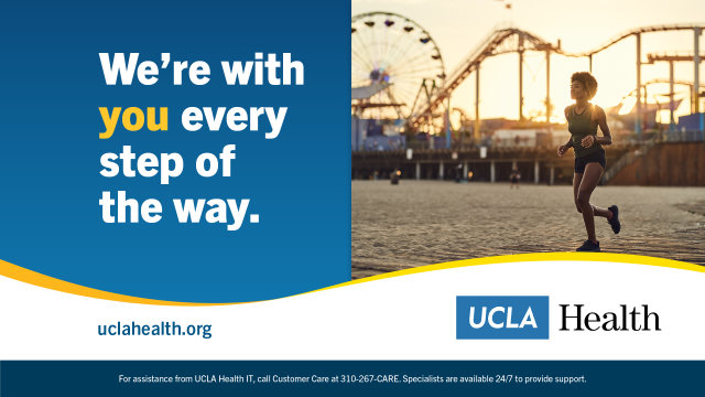 UCLA Health graphic with the message “We're With You Every Step of the Way,” featuring a person running next to the santa monica pier.