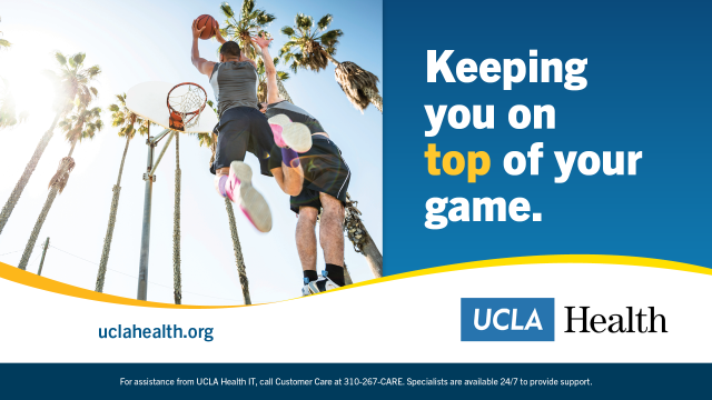 Vibrant UCLA Health ad: Two men playing basketball under palm trees, with text "Keeping you on top of your game."
