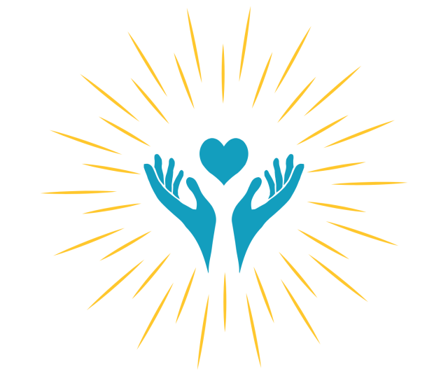 Hands holding a heart with radiating lines symbolizing care and healing