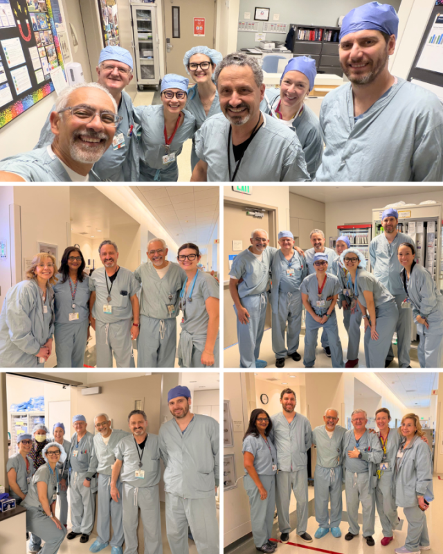 Collage: hospital staff in scrubs posing in corridors