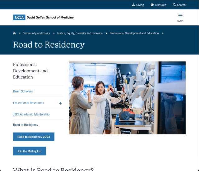 homepage of the Road to Residency Program website