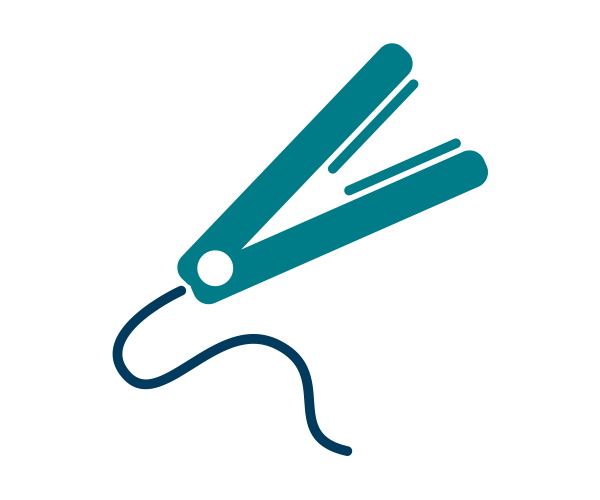 Burn Prevention - teal hair straightener, open with teal plates and a dark blue power cord extending from the handle.