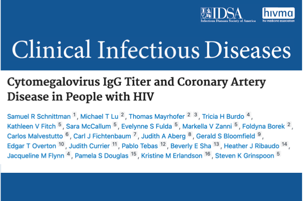 A paper title: "Clinical Infectious Diseases" and article title: "Cytomegalovirus IgG Titer and Coronary Artery Disease in People with HIV" 