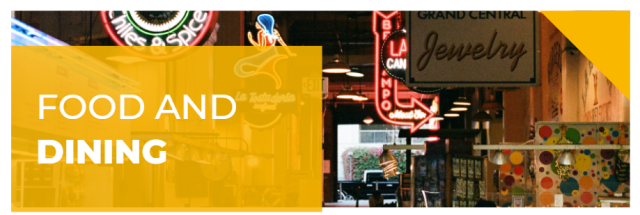 Food and dining banner, white text on a yellow rectangle with restaurants showing in the background.