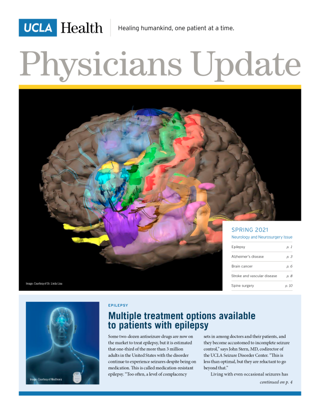 UCLA Health Physicians Update Cover - Spring 2021. Showcasing multiple treatment options available to patients with epilepsy.