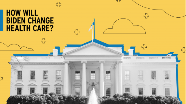 The White House is shown with a yellow graphic overlay that asks, "How will Biden change health care?"
