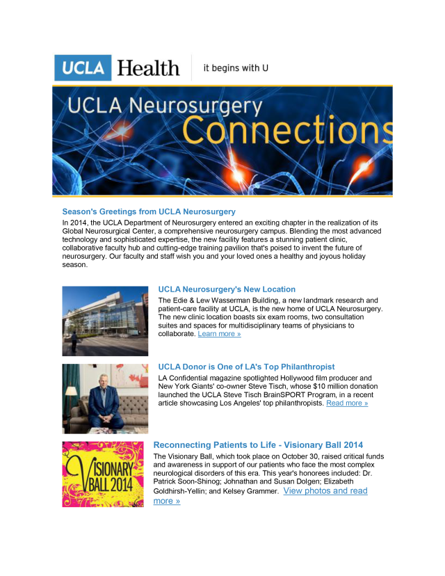 UCLA Neurosurgery Connections - Volume 11 featuring UCLA Neurosurgery's new location, Steve Tisch donation, and the visionary ball 2014