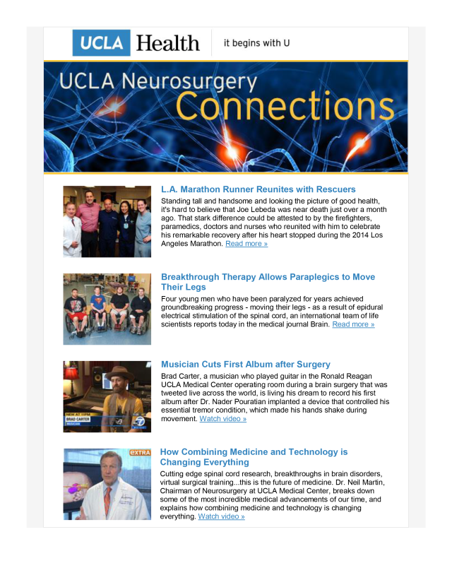 A flier for the UCLA Neurosurgery Connections - Volume 5, featuring 4 stories
