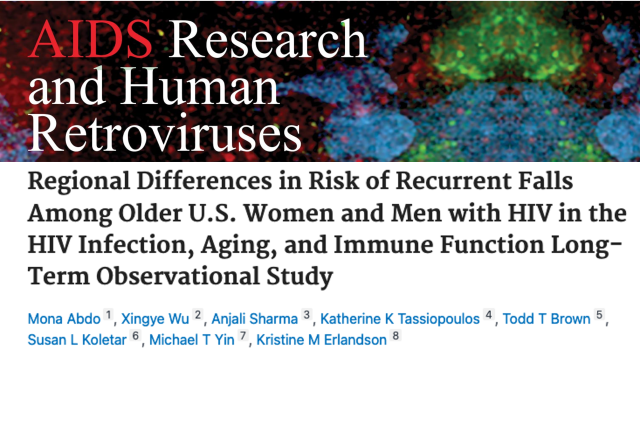 A masthead for a journal article titled, "Regional Differences in Risk of Recurrent Falls Among Older U.S. Women and Men with HIV in the HIV Infection, Aging, and Immune Function Long-Term Observational Study"