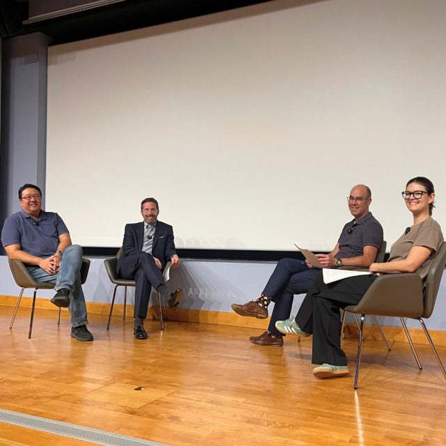 Drs. Drew Cheng, Robert Freundlich, Eilon Gabel, and Theodora Wingert siting on stage during a Health Data Dialogue