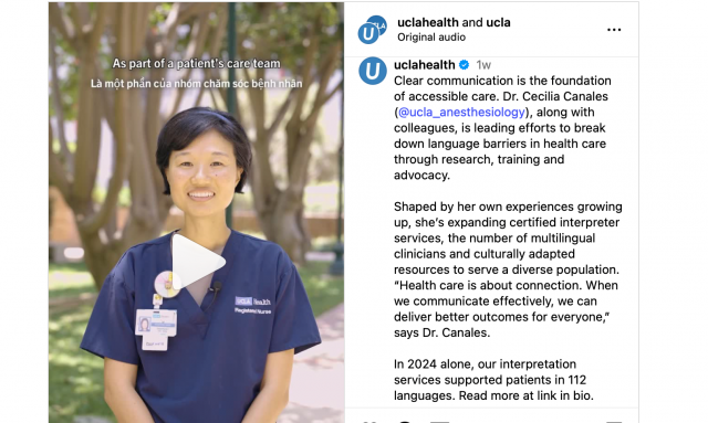 UCLA Health Instagram reel screenshot featuring clinician and text to the right