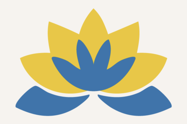 stylized lotus flower logo with blue and yellow petals
