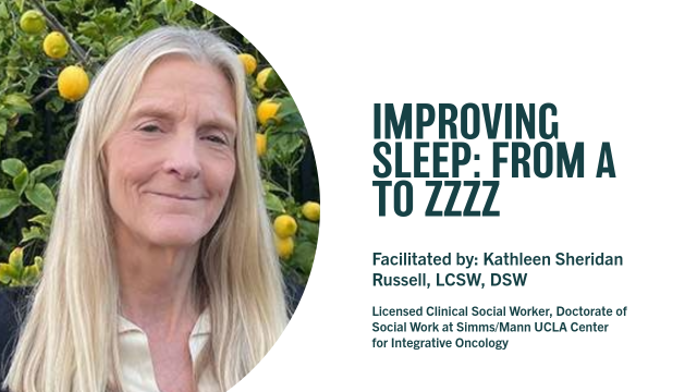 A smiling Kathleen Sheridan Russell with long blonde hair is on the left. The text on the right reads "Improving Sleep: From A to Zzzz." 
