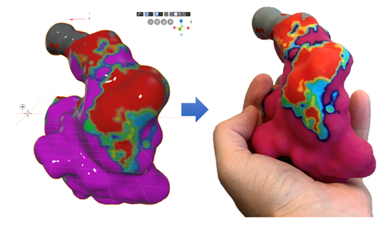 3D model of a cardiac structure (left) transitioned into a haptic, 3D-printed version held in a hand (right).