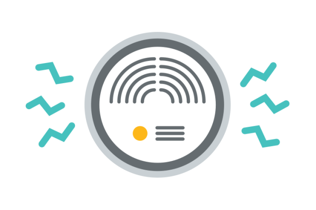 Types of burns- A white smoke detector with grey trim, a yellow light, and sound waves emanating from it