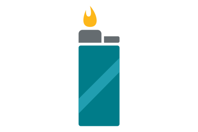 Burn Prevention - A teal lighter with a lit yellow flame.