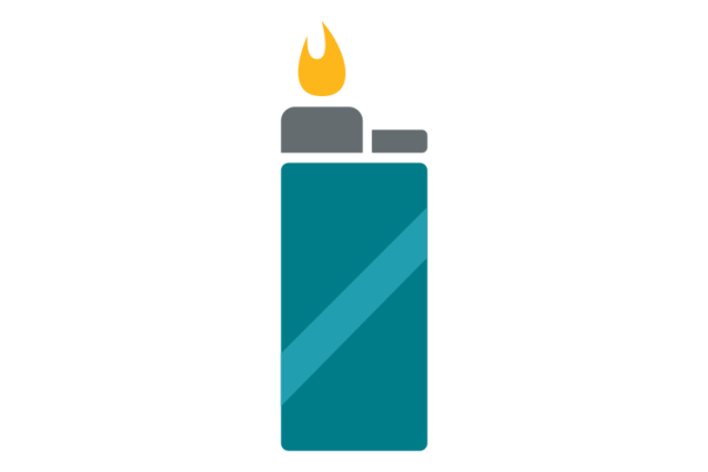 Burn Prevention - A teal lighter with a lit yellow flame.