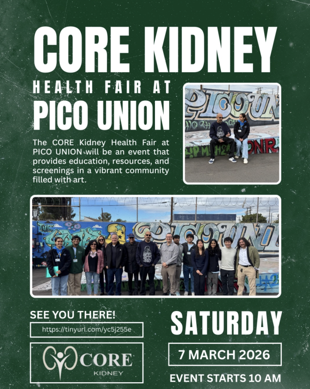 Core Kidney Health Fair poster featuring event details, logos, and group photo.