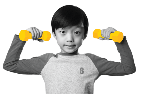 black and white image of child holding yellow barbells