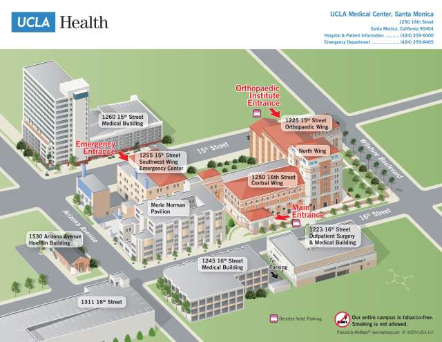 Visitor map of the UCLA Health Santa Monica campus, showing building locations, parking areas, and patient drop-off zones.