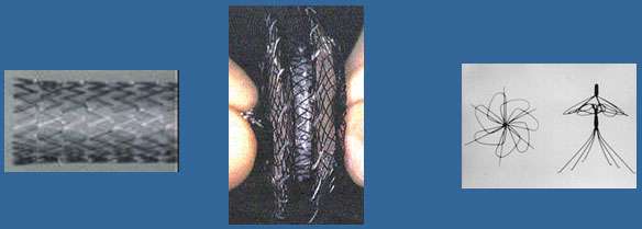 Figure 1 : Picture of bulk Nitinol stent, bulk Nitinol ASD closure device, and bulk Nitinol vena cava filter used in current medical procedures.